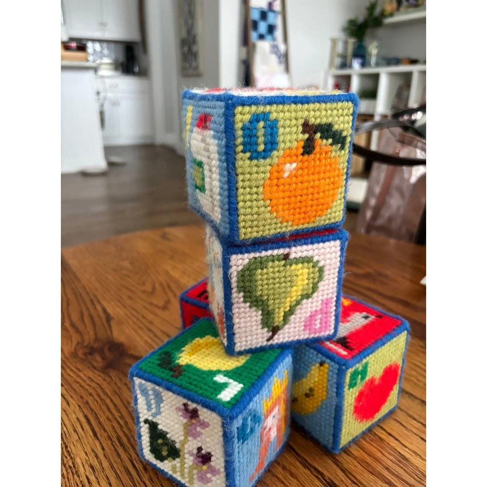 Handmade  Alphabet Blocks Jingle Bell Soft Toy Vintage Style 5pc Set